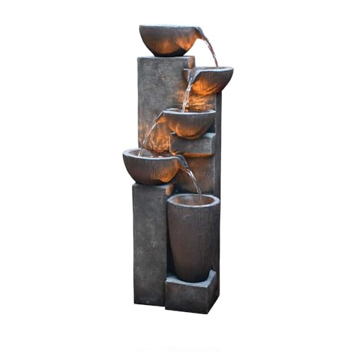 Image of SunJet 5-Tier Outdoor Water Fountain Resin Fountain Decor with LED Lighting Natural Polyresin Looking Stone Decor for Garden Patio Fold Court Yard Deck 12.99 inch L x 13.78 inch W x 39.76 inch H