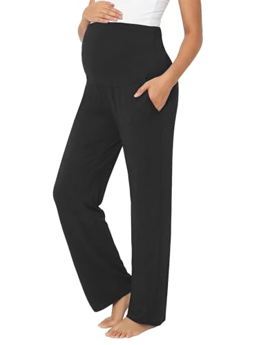 Summer Mae Viscose Maternity Pajama Pants Pregnancy Lounge Pant Soft Wide Leg Stretchy Yoga Trousers with Pockets Black Large