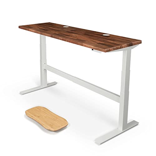 Image of UPLIFT DESK Walnut Butcher Block (72 x 24 inch) Standing Desk 2-Leg V2-Commercial Adjustable Stand Up C-Frame (White), Advanced Keypad, Wire Grommets, Wire Tray, Rocker Board
