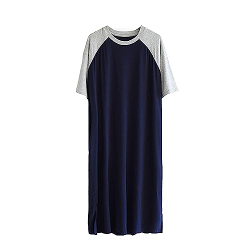 Men's Nightshirt Cotton Raglan Sleepwear Short Sleeve Pajama Dress Round Neck Sleep Shirt Splicing Nightgown