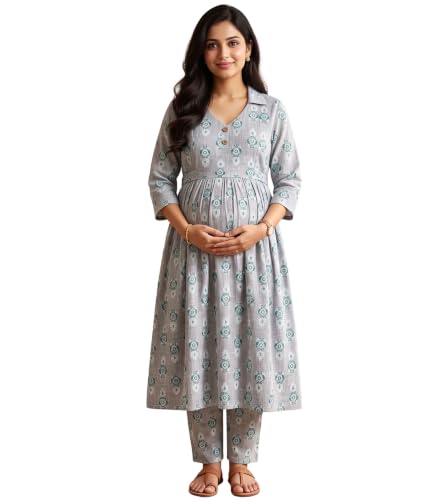 Image of DUMMY SHAPE Maternity Dresses for Women Cotton | Floral Kurta Pant Dupatta Set with Nursing Zippers, Side Pocket | Pre & Post Pregnancy | Feeding Kurti Suit | Baby Shower | Gifts for Pregnant Woman
