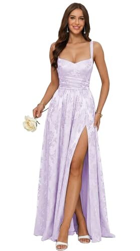 OEUVIGF Jacquard Satin Lavender Prom Dress 2026 V Neck Corset Long Spaghetti Straps A Line Prom...