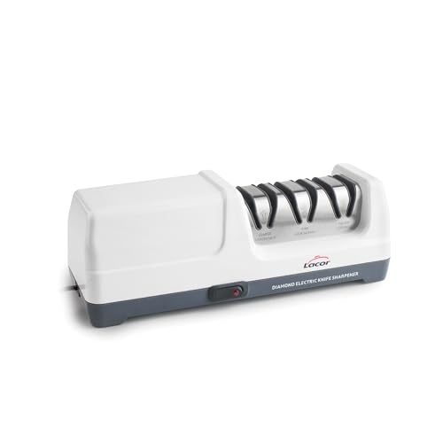 LACOR - 69432 - Afilador de Cuchillos Drei, Eléctrico 18 W, 3 Etapas, con Discos de Diamante, Para Cuchillos de Acero y Cerámica, Base Antideslizante y Magnética, 2800 r.p.m., Medidas 26,5x10,7 cm