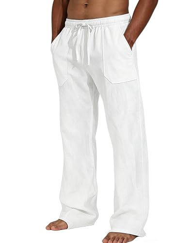 Mens Cotton Linen Casual Pants Elastic Waist Drawstring Loose Straight Leg Lightweight Summer Beach Yoga Lounge Trousers White