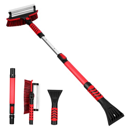 Yardwe Rascador de hielo y quitanieves extensible, cepillo de nieve extensible para eliminar las hojas con rasqueta, herramienta de batidor extraíble con cabezal giratorio de 180 °