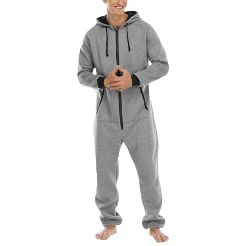 Men's Hooded Onesie Pajama Soft Lightweight Full Zipper Fall Long Sleeve Jumpsuits One Piece Loungewear w/Pockets