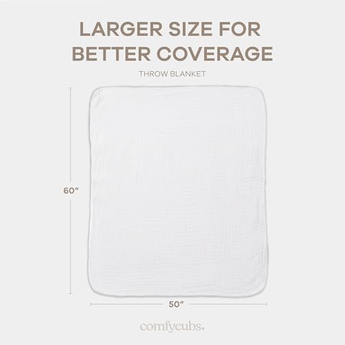 Image of Comfy Cubs Muslin Throw Blanket - 50 inch x 60 inch Quilted Design - Lightweight, Breathable 6-Layer Gauze Fabric - Soft Cotton Blanket for Home or Travel - Packaged in Elegant Gift Box - White