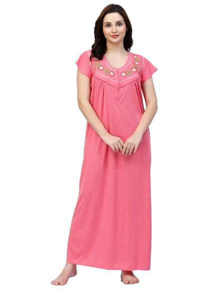 NAAZ OVER SEAS Cotton Nighty for Women | Maxi Dress | Night Gown | Alpine Fabric | Pink