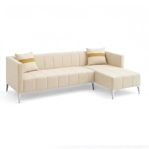 Image of Solomon Luxe Velvet-Suede Fabric 5 Seater RHS L Shape Sofa | Comfortable & Spacious Seating | Modern Sofa for Living Room - Cream