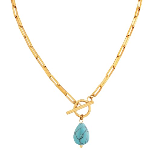 MINACHI Women's Waterproof Stainless Steel Chain Necklace with Created Turquoise Pendant