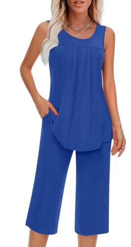 Image of Findsweet Women Pajamas Sets Loungewear Soft Sleepwear Two Piece Summer Sleeveless Pjs Tank Top Pants with Pocket S-4XL