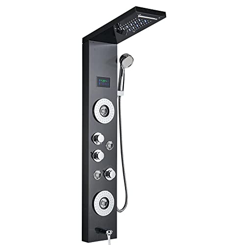 Panel de ducha negro, torre de ducha con sistema de masaje, cascada y lluvia, acero inoxidable con LED resistente al agua miniatura 1