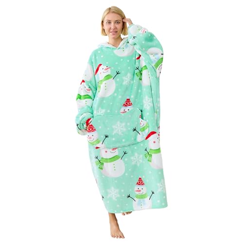 Moinlizy Wearable Blanket Hoodie Long Thick Hooded Blanket Oversized for Adults Women Men with Pocket and Sleeves Christmas Green Snowman