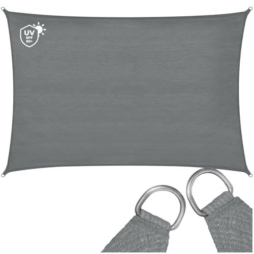 tectake® Sun Shade Sail with 87% UV Protection, Rectangular Garden Awning with Durable & Breathable Polyethylene Fabric, Easy Setup, Ideal as Pool, Patio, Balcony & Garden Canopy - 3 x 4 m, Grey