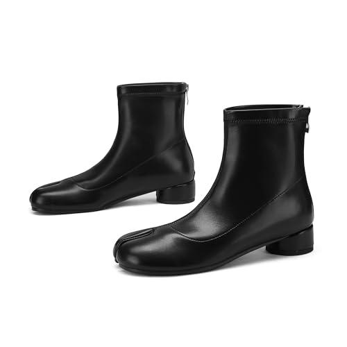 Split Toe Ankle Boots for Women Tabi Japanese Ninja Shoes Low Chunky Heels Booties, Stretch Artificial Leather Boots Back Zipper2
