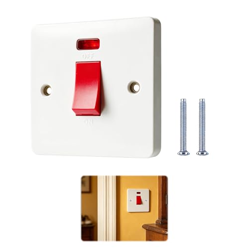 Cooker Switch 1 Pcs 45A Shower Switch Single-Hole Double-Pole Cooker Socket Single-Panel UK Double-Pole Single-Hole Light Switches Rounded-Corner Design Suitable Electric Ovens and Hobs Wall-Mounted