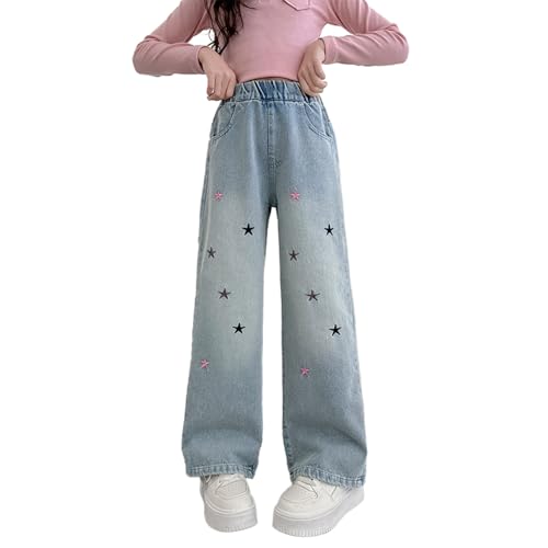 Tween Girls Star Embroidered Wide Leg Jeans Casual Elastic Waist Denim Pants with Back Pockets Kids Baggy Jeans3
