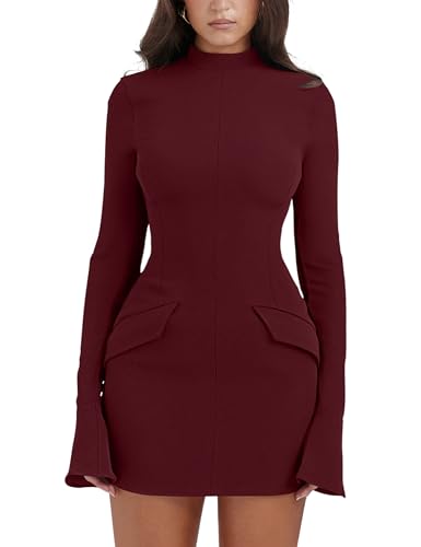 Image of YMDUCH Women's Long Sleeve Mock Neck Bodycon Mini Party Dress | Stretch,Flare Sleeve,Formal,Back Zipper,Elegant,Comfy,Casual,Fitted,Solid,Party,Date Night,Club,Birthday,Fall,Spring,Short