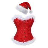 Oyolan Women's Sexy Christmas Lingerie Corset Top Mrs. Santa Claus Costume Feather Trimming Bustier Feather Red Medium