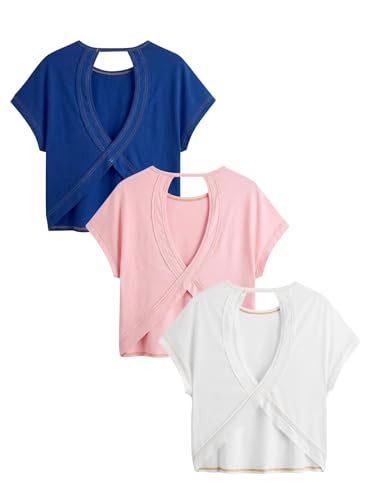 Image of RoseSeek Women's 3 Packs Open Back Tops T Shirt Criss Cross Cut Out Tee Short Sleeve Crewneck Summer Backless Tops