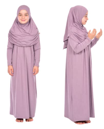 Prien Kids Prayer Dress Muslim Clothes For Girls Long Sleeve Abaya With Hijab Two Piece Maxi Islamic Set Scarf Kaftan Jilbab (Lilac) #TOP2