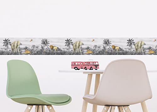 AG Design Selbstklebende Bordüre Dschungel, AWBD 8180 | Wasserfest Kinderzimmer Wand Aufkleber Dekoration | Wandbordüre für Mädchen und Junge | Folie, Mehrfarbig | Breite 500 cm x Höhe 13.8 cm
