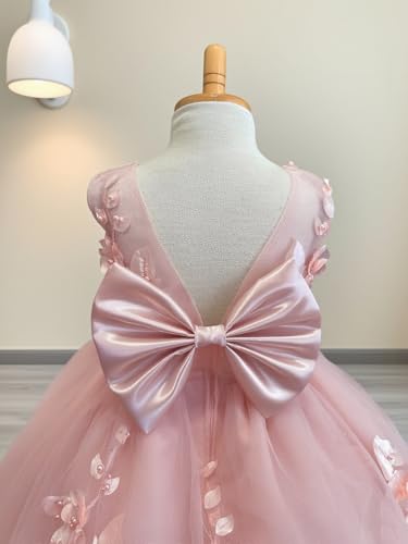 Short 3D Flower Girl Dress for Wedding 2025 Tulle V-Back First Communion Pageant Dresses with Bow-Knot2
