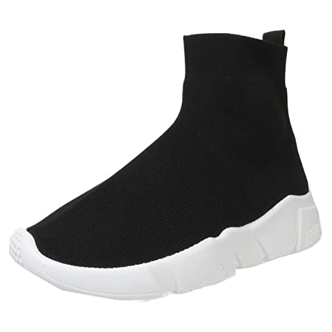 Ladies Slip ON Ankle Sock Trainers Girls Knit Women HIGH TOP Boot Shoes Black/White UK 5 Cover