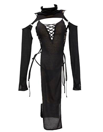 MEOWCOS Women's Bodycon Dress Gothic Ninja Style Lace up Slit Dress and Hooded Top Black