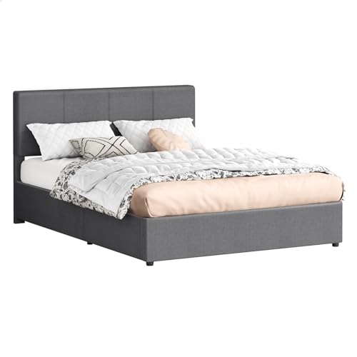 ALFORDSON Upholstered Bed Frame with Gas Lift Storage, Double Size, Grey Linen Fabric, Height Adjustable Padded Headboard Mattrress Platform Base with Vertical Line Design