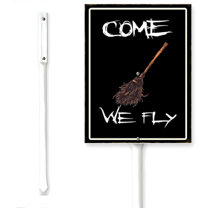 Horienteeon Halloween Yard Sign With Stake Come We Fly Witches Broom Scary Boo Rustproof Neighborhood Street Business Farm Home Lawn Walkway Ground Porch Aluminium Decorations 7x8.8"