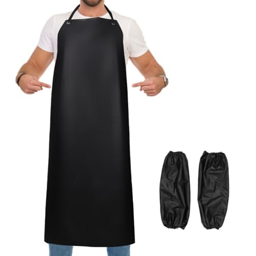 Chewtoyo Waterproof Heavy Duty Butcher Aproy with Arm Sleeve Covers, Adjustable PVC Apron for Cooking, Pet Grooming, Laboratory Work, and Barbecues