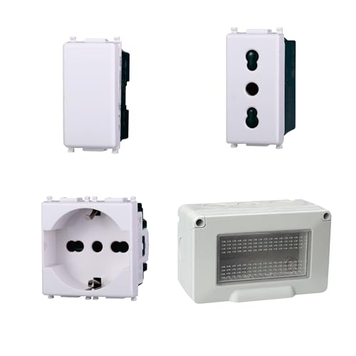 Kit Scatola Elettrica IP55, Completa Di Frutti Compatibile Con Vimar Plana, 4 Moduli Presa Schuko + Bipasso + Interruttore, Contenitore Con Coperchio, Da Muro Parete Esterno e Interno