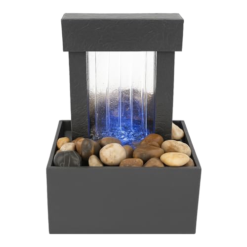 OSFT Mirrored Waterfall Tabletop Fountain with LED Light Show & Natural River Rocks – Indoor Decorative Water Feature for Home, Office, Meditation & Feng Shui Décor