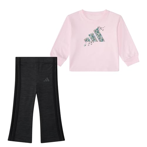 adidas Baby Girls 2-Piece Long Sleeve Graphic Tee & Flare Pant Set, Clear Pink, 18M
