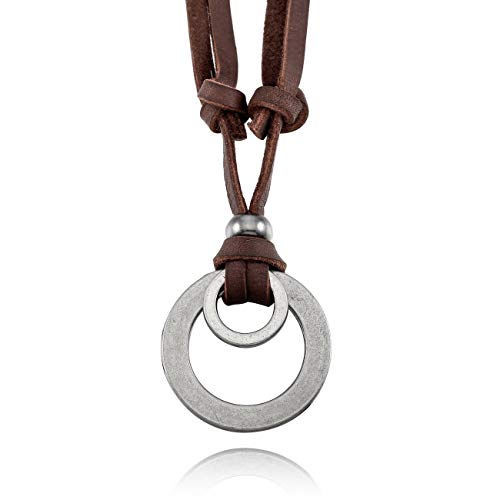 Mowom Silver Tone Brown Alloy Genuine Leather Pendant Necklace Double Ring Adjustable #TOP3