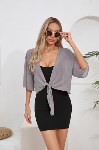 Image of TASAMO Women's 2026 Summer Lightweight Short Bolero Cardigan Shrug Sheer Tie Front Top 3 /4 Sleeve Jacket for Dress