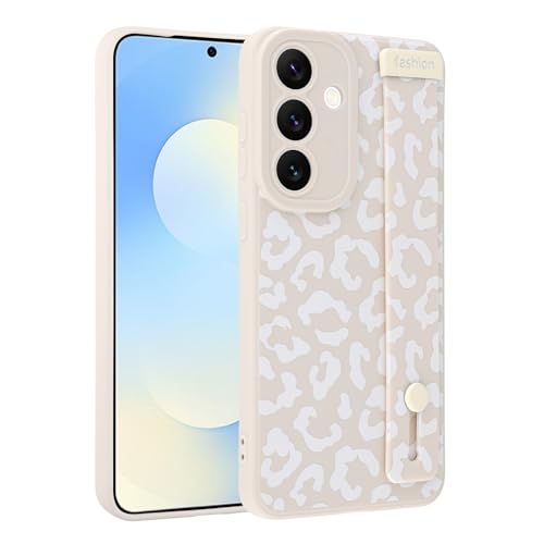 Image of Compatible with Samsung Galaxy S25 FE Case with Strap Wrist White | Cheetah Print Shockproof Soft TPU Protective Cover for Women Girls, Slim Anti Scratch Case 6.7 Inch, White