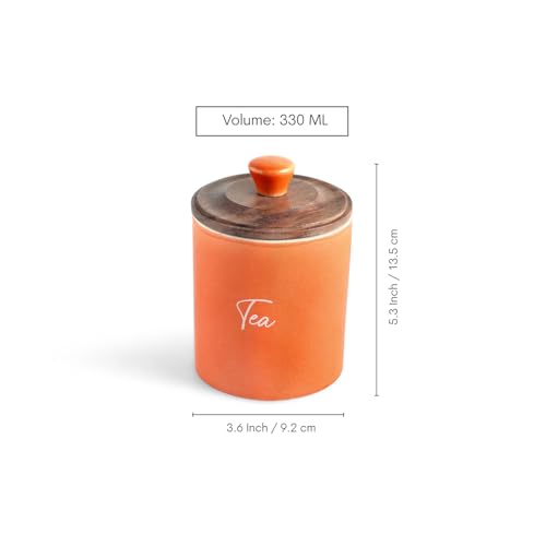 Image of ExclusiveLane 'London Diary' Airtight Ceramic Jars For Kitchen Storage With Wooden Lid Ceramic Containers For Pickle Cookies Sugar Dry Fruits (Set of 3, Airtight, 330 ml, 13.5 Cm, Orange & Brown)