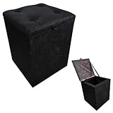 Puff Baú Decorativo em Suede, Preto, com Compartimento de Armazenamento