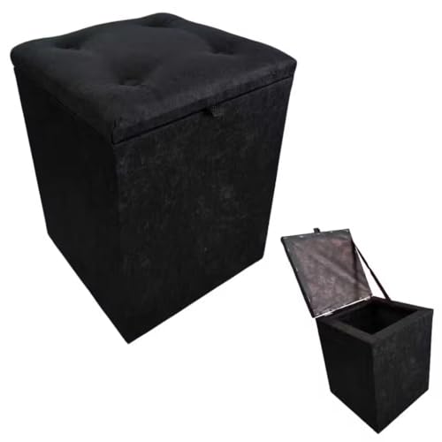 Puff Baú Decorativo em Suede, Preto, com Compartimento de Armazenamento