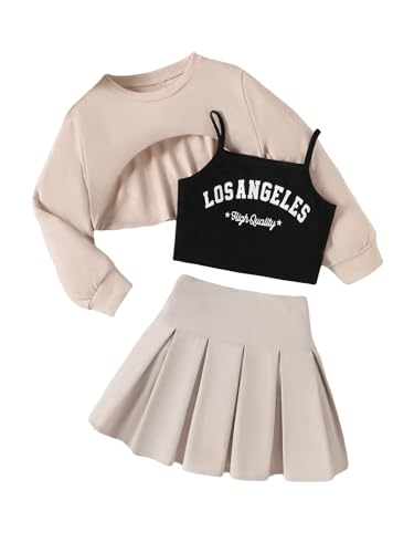 Image of MakeMeChic Girl's 3 Piece Cute Summer Outfit Crew Neck Crop Sweatshirt and Pleated Mini Skirt Set with Cami Top