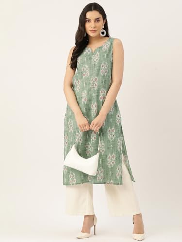 Image of feranoid Women's Pure Cotton Floral Print Straight Kurti | Elegant Curved V-Neck | Sleeveless Calf-Length Ethnic Wear | Comfortable Regular Fit | Sizes XS-XXL
