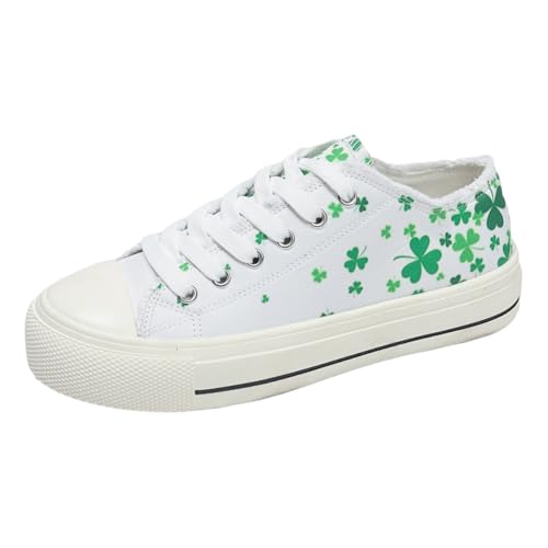 Canvas Low Top Sneakers with Shamrock Pattern, White and Green, Casual Fashion