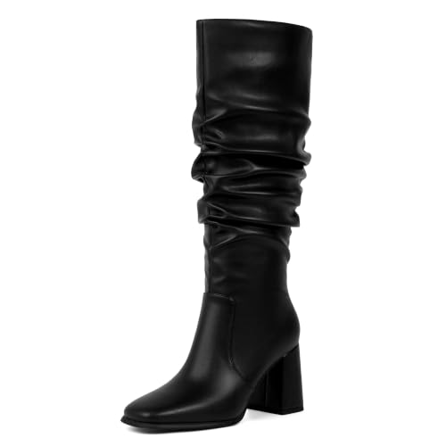Image of Knee High Boots Women Square Toe Chunky Heel Fashion Tall Boots | Block Heel Gogo Boots with Side Zipper,Fashion Heeled Fall Winter Boots,Long Dressy Boots for Women