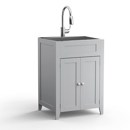 Image of VINGLI 24-Inch Laundry Sink with Cabinet and Pull-Out Sprayer Faucet, Stainless Steel Utility Sink with Cabinet, Grey Cabinet with Sink for Laundry & Utility Room, Kitchen, Bathroom, Basement