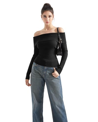 Image of SUUKSESS Women Off Shoulder Sweaters Long Sleeve Ribbed Knit Going Out Fall Tops Blouse