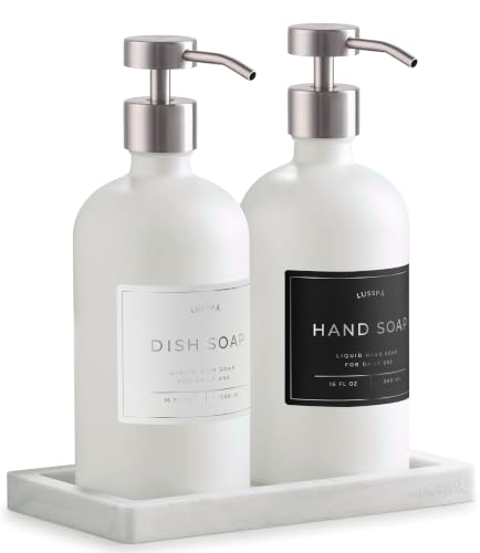 Glass Soap Dispenser Set of 2 (White) with Silicone Tray | Hand and Dish Soap Dispenser for Kitchen and Bathroom | 16.8 Oz Glass Bottles with Stainless Steel Pump & 15 Waterproof Labels (White/Silver) - image 1