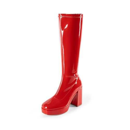 DREAM PAIRS Women's Platform Knee High Boots Chunky Block Heel Side Zipper Cute Gogo Boots 8 Red-pat