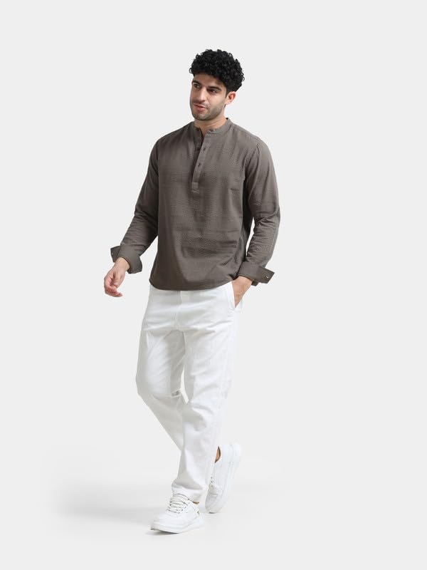 Image of StitchX Men's Seersucker Band Collar Pure Cotton Striped Kurta Shirt-S-2XL